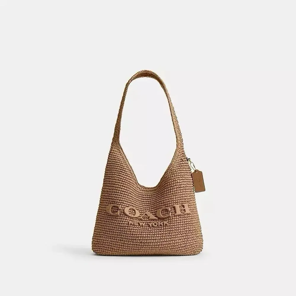 NWT COACH Brooklyn 28 Straw Shoulder Bag CDU75 Handbag Brass/Natural